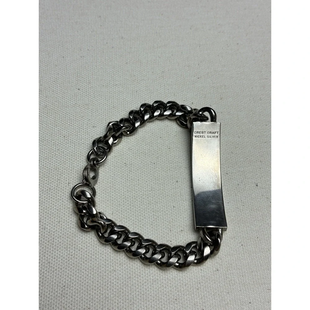 Vintage Crest Craft Nickel Silver ID Bracelet Eagle Engraved Curb Chain Military